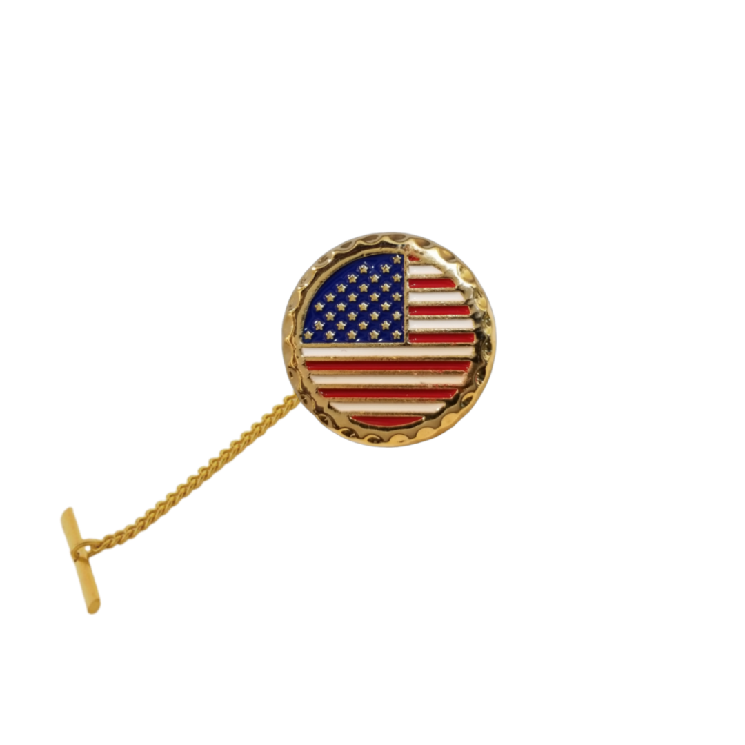 12 Pcs Round American Flag Tie Tack with Clutch & Chain / Hand Painted with Red, White, and Blue Enamel Epoxy / Gold or Silver Electroplated Finish.