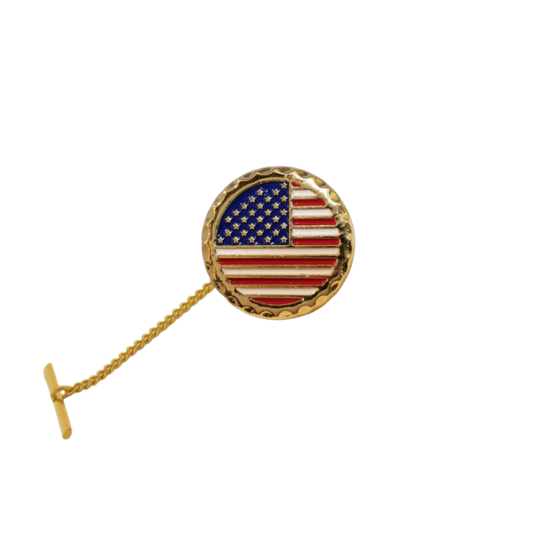 12 Pcs Round American Flag Tie Tack with Clutch & Chain / Hand Painted with Red, White, and Blue Enamel Epoxy / Gold or Silver Electroplated Finish.