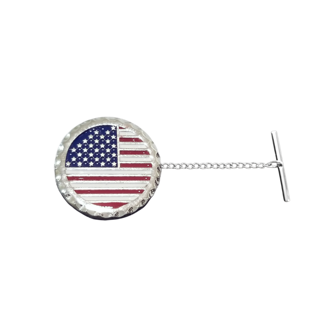 12 Pcs Round American Flag Tie Tack with Clutch & Chain / Hand Painted with Red, White, and Blue Enamel Epoxy / Gold or Silver Electroplated Finish.