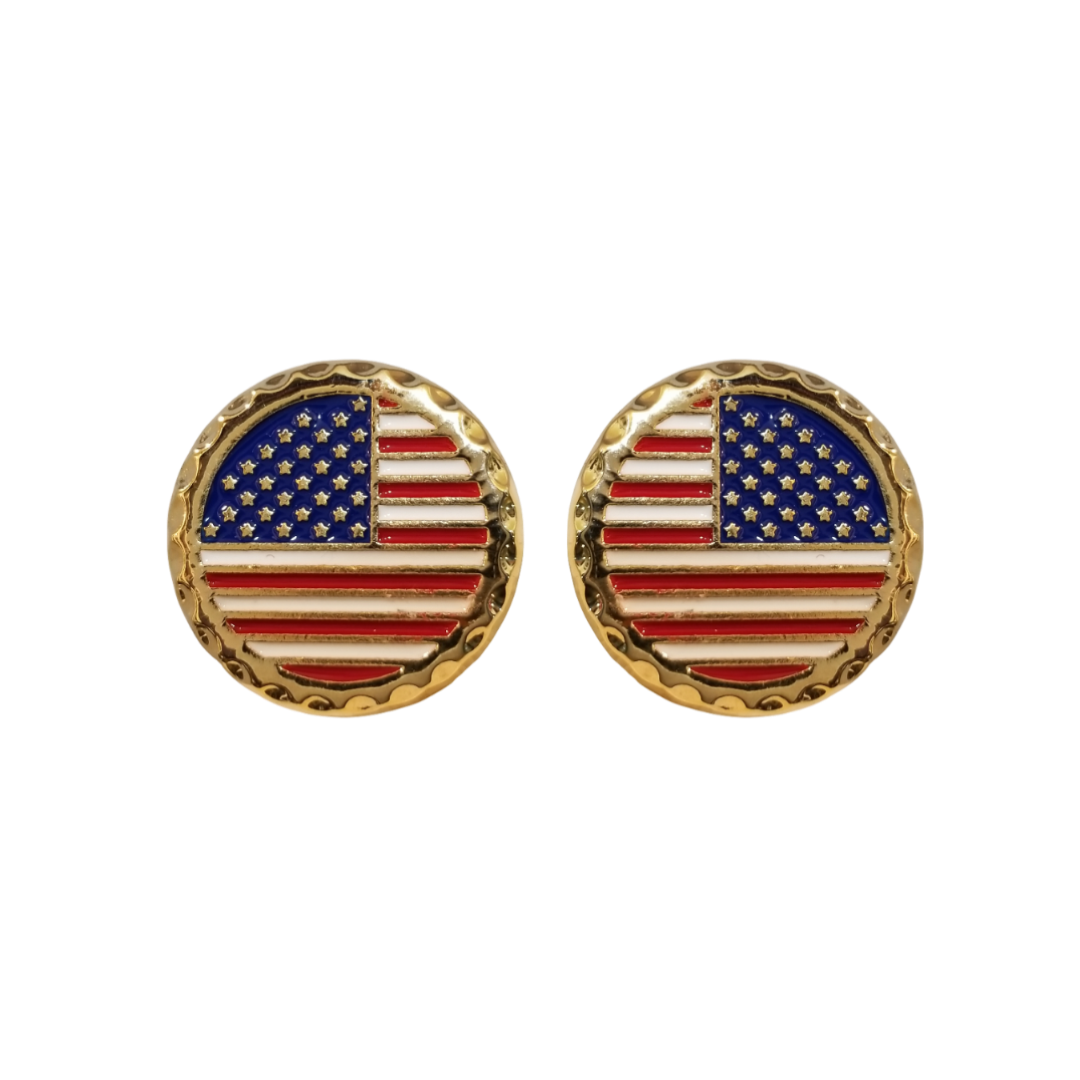 12 Pairs Round American Flag Cufflinks / Hand Painted with Red, White, and Blue Enamel Epoxy / Gold or Silver Electroplated Finish.