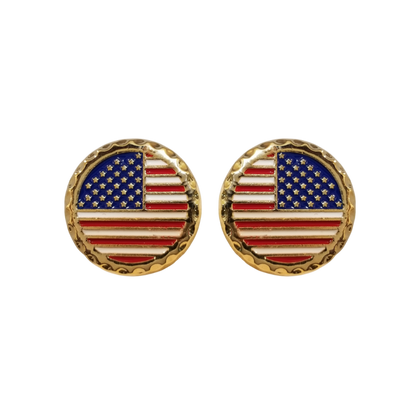 12 Pairs Round American Flag Cufflinks / Hand Painted with Red, White, and Blue Enamel Epoxy / Gold or Silver Electroplated Finish.