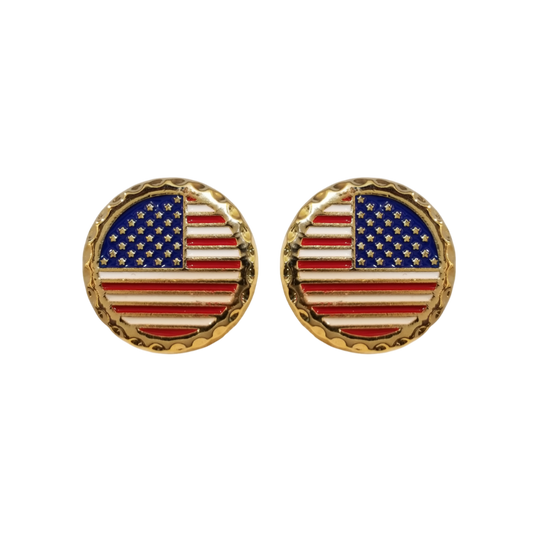 12 Pairs Round American Flag Cufflinks / Hand Painted with Red, White, and Blue Enamel Epoxy / Gold or Silver Electroplated Finish.