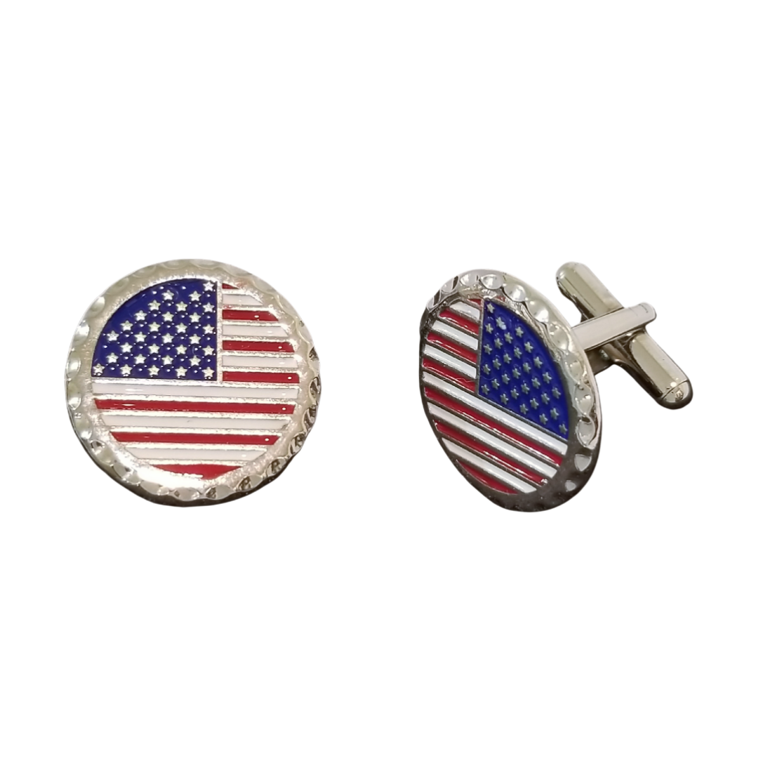 12 Pairs Round American Flag Cufflinks / Hand Painted with Red, White, and Blue Enamel Epoxy / Gold or Silver Electroplated Finish.