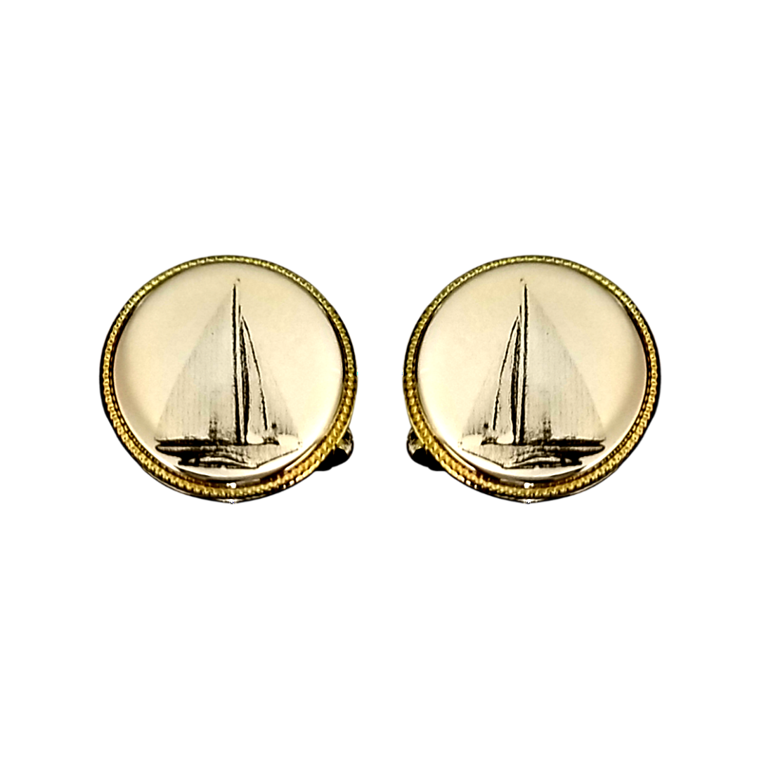 12 Pairs Laser Engraved Sailboat on Round Roped Edge Cufflinks / Gold or Silver Electroplated Finish.