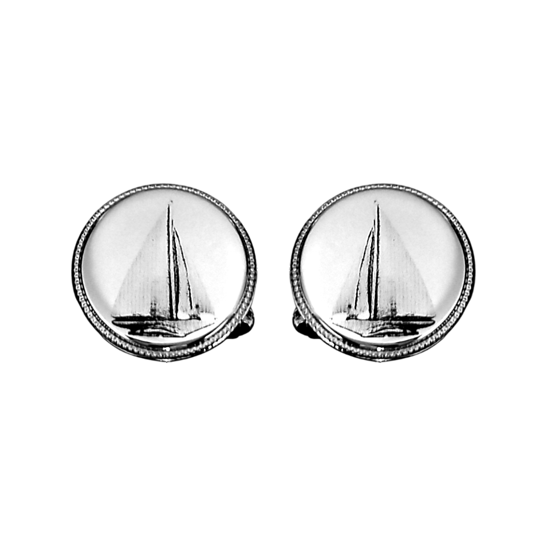 12 Pairs Laser Engraved Sailboat on Round Roped Edge Cufflinks / Gold or Silver Electroplated Finish.