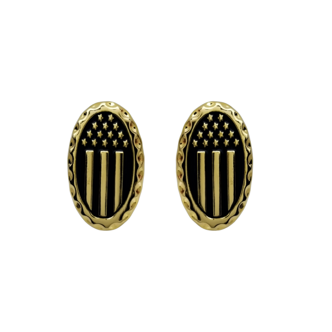 12 Pairs Oval American Flag Cufflinks / Hand Painted with Black Enamel Epoxy / Gold or Silver Electroplated Finish.