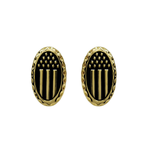 12 Pairs Oval American Flag Cufflinks / Hand Painted with Black Enamel Epoxy / Gold or Silver Electroplated Finish.