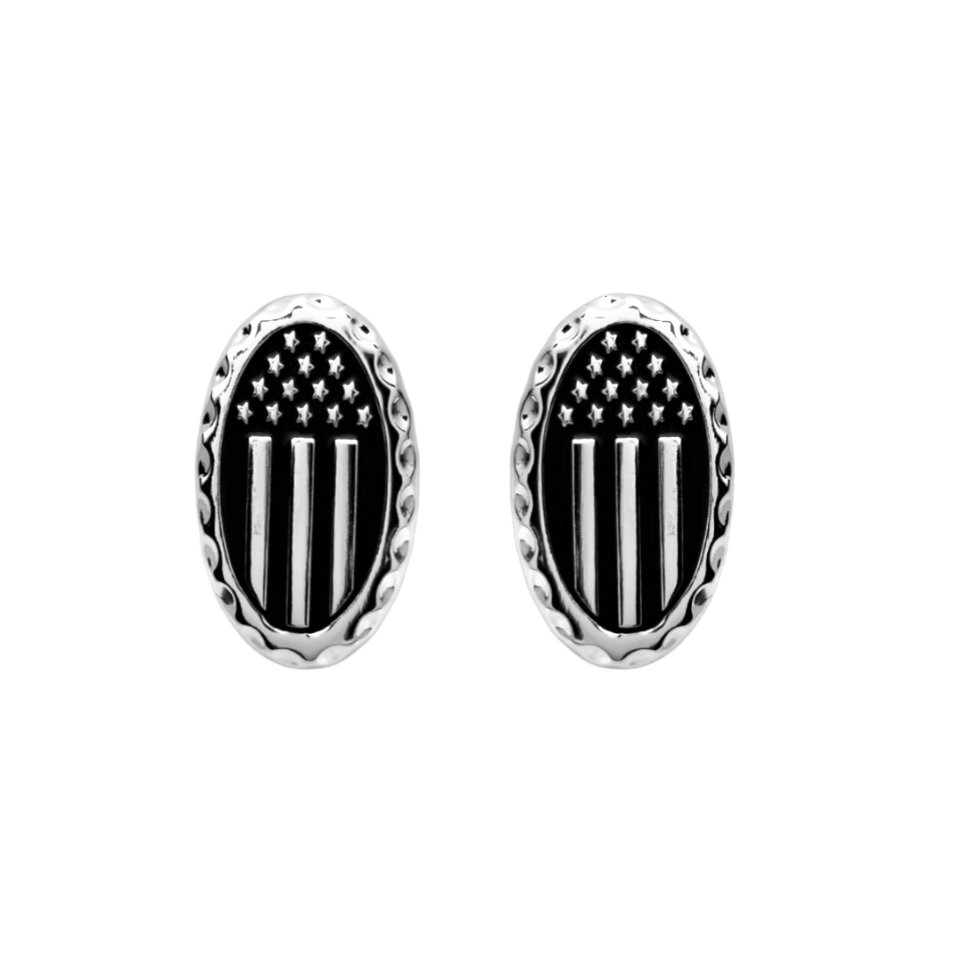 12 Pairs Oval American Flag Cufflinks / Hand Painted with Black Enamel Epoxy / Gold or Silver Electroplated Finish.