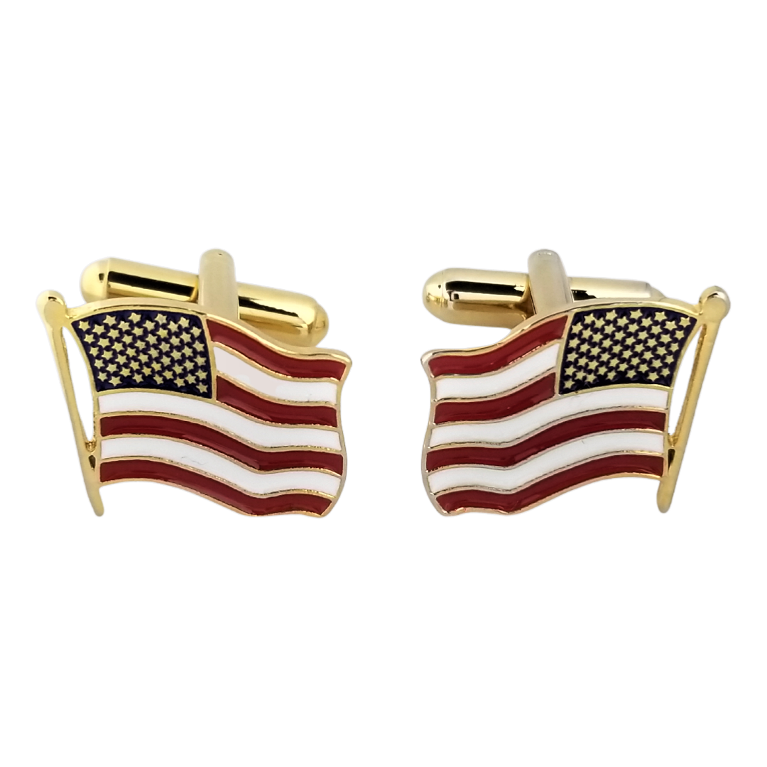 12 Pairs American Flag Cufflinks / Hand Painted Red, White, and Blue with Enamel Epoxy / Gold or Silver Electroplated Finish.