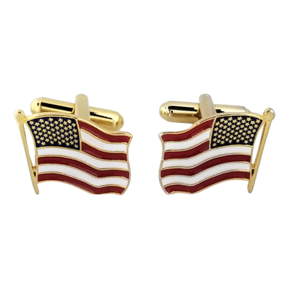 12 Pairs American Flag Cufflinks / Hand Painted Red, White, and Blue with Enamel Epoxy / Gold or Silver Electroplated Finish.