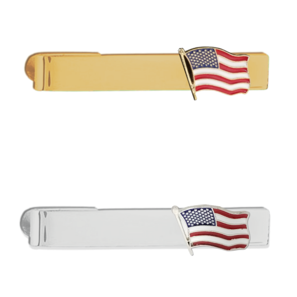 12 Pcs American Flag Tie Bar / Hand Painted with Red, White, and Blue Enamel Epoxy / Gold or Silver Electroplated Finish.