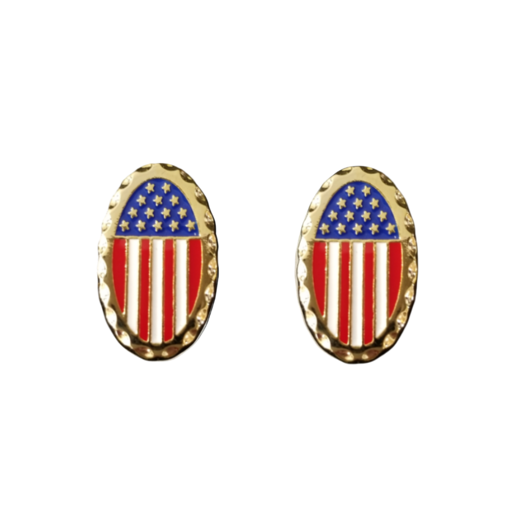 12 Pairs Oval American Flag Cufflinks / Hand Painted with Red, White, & Blue Enamel Epoxy / Gold or Silver Electroplated Finish.