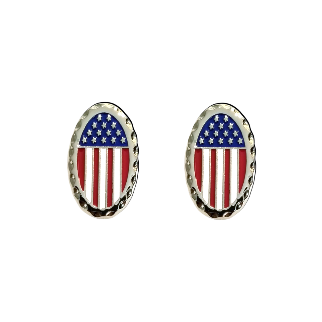 12 Pairs Oval American Flag Cufflinks / Hand Painted with Red, White, & Blue Enamel Epoxy / Gold or Silver Electroplated Finish.