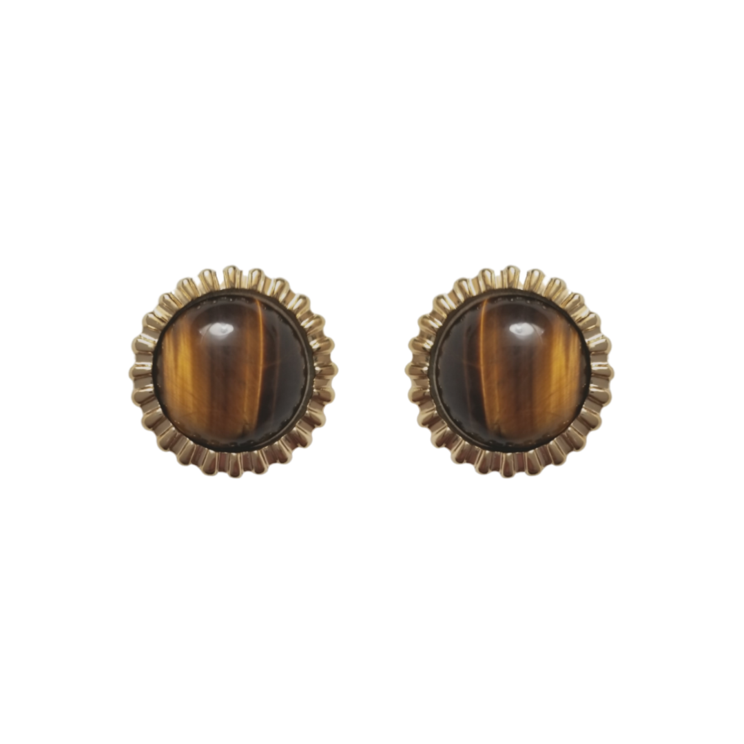 12 Pairs Tiger's Eye Gemstone Cufflinks / Gold Electroplated Finish.