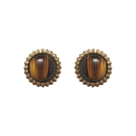 12 Pairs Tiger's Eye Gemstone Cufflinks / Gold Electroplated Finish.