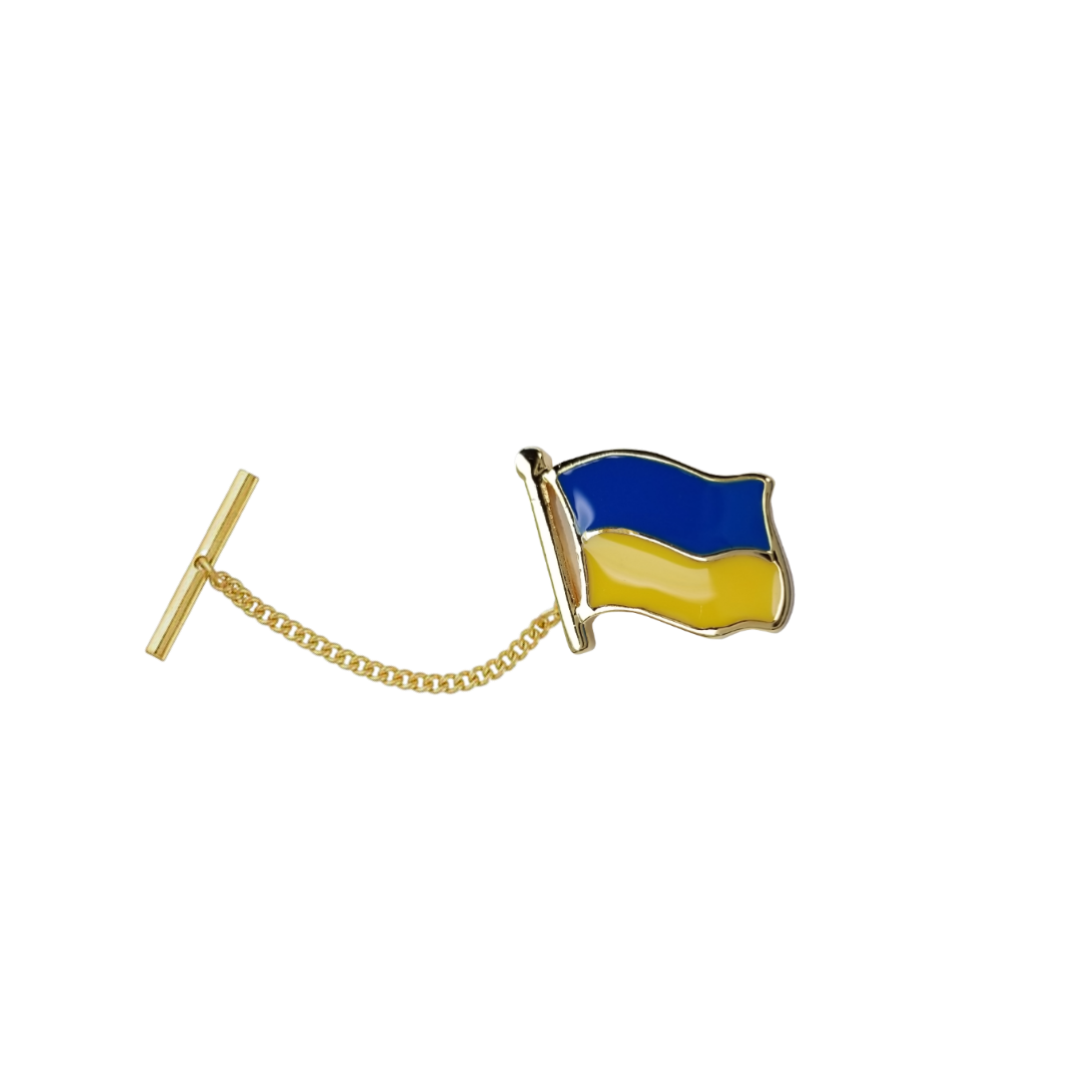 12 Pcs Ukrainian Flag Tie Tack with Clutch and Chain / Gold Electroplated.