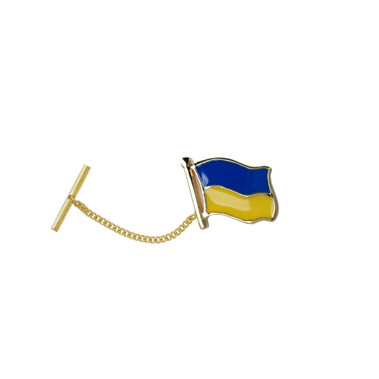 12 Pcs Ukrainian Flag Tie Tack with Clutch and Chain / Gold Electroplated.