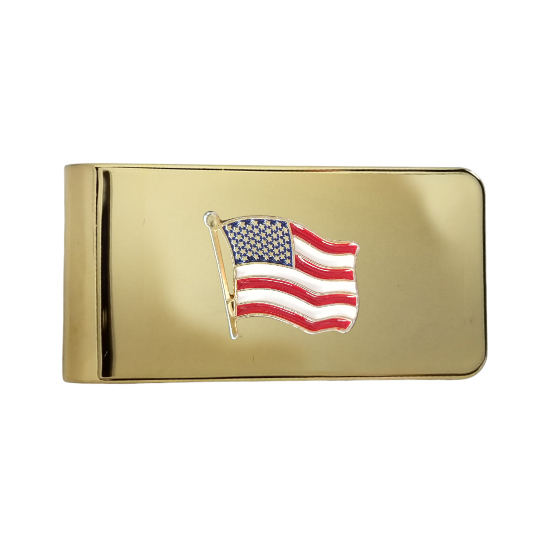 12 Pcs American Flag Money Clip / Hand Painted with Red, White, and Blue Enamel Epoxy.  Gold or Silver Electroplated Finish.