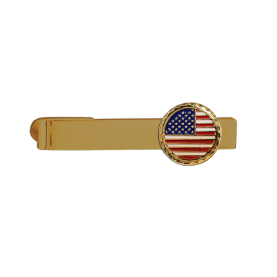 12 Pcs Round American Flag Tie Bar / Hand Painted with Red, White, and Blue Enamel Epoxy / Gold or Silver Electroplated Finish.